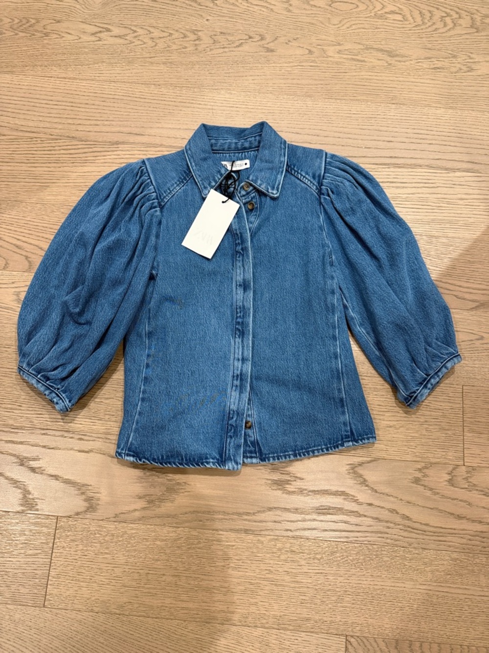 Zara Denim Puff-Sleeve Shirt Top - Blue